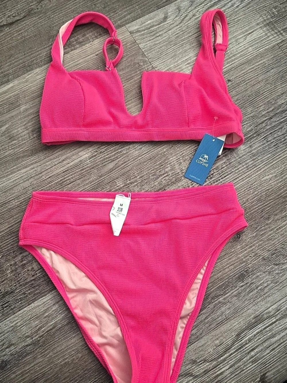 Cupshe Textured Scoop Neck Top & High-Rise Bottoms Set Bikini Set Pink Medium